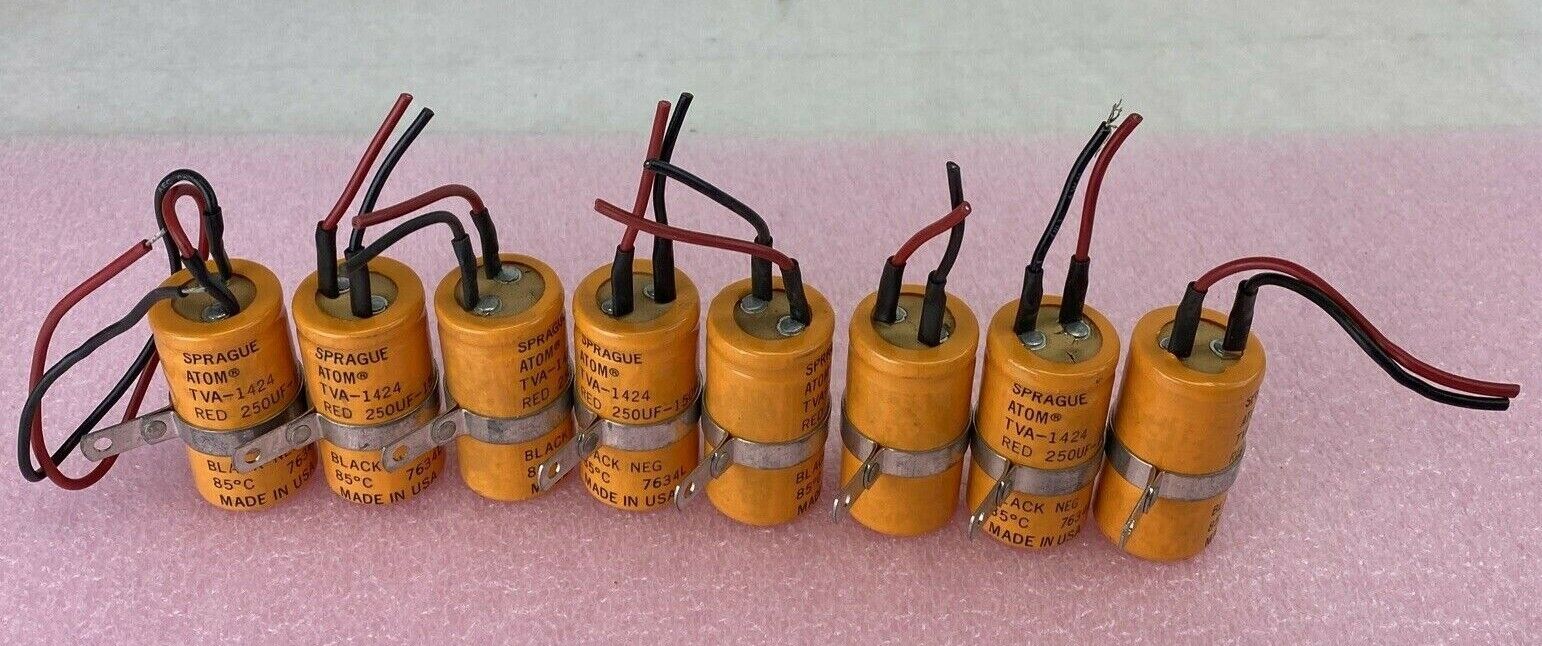 Lot of 8 Sprague ATOM TVA-1424 Axial Capacitors 250uF 150VDC 85°C 7634L