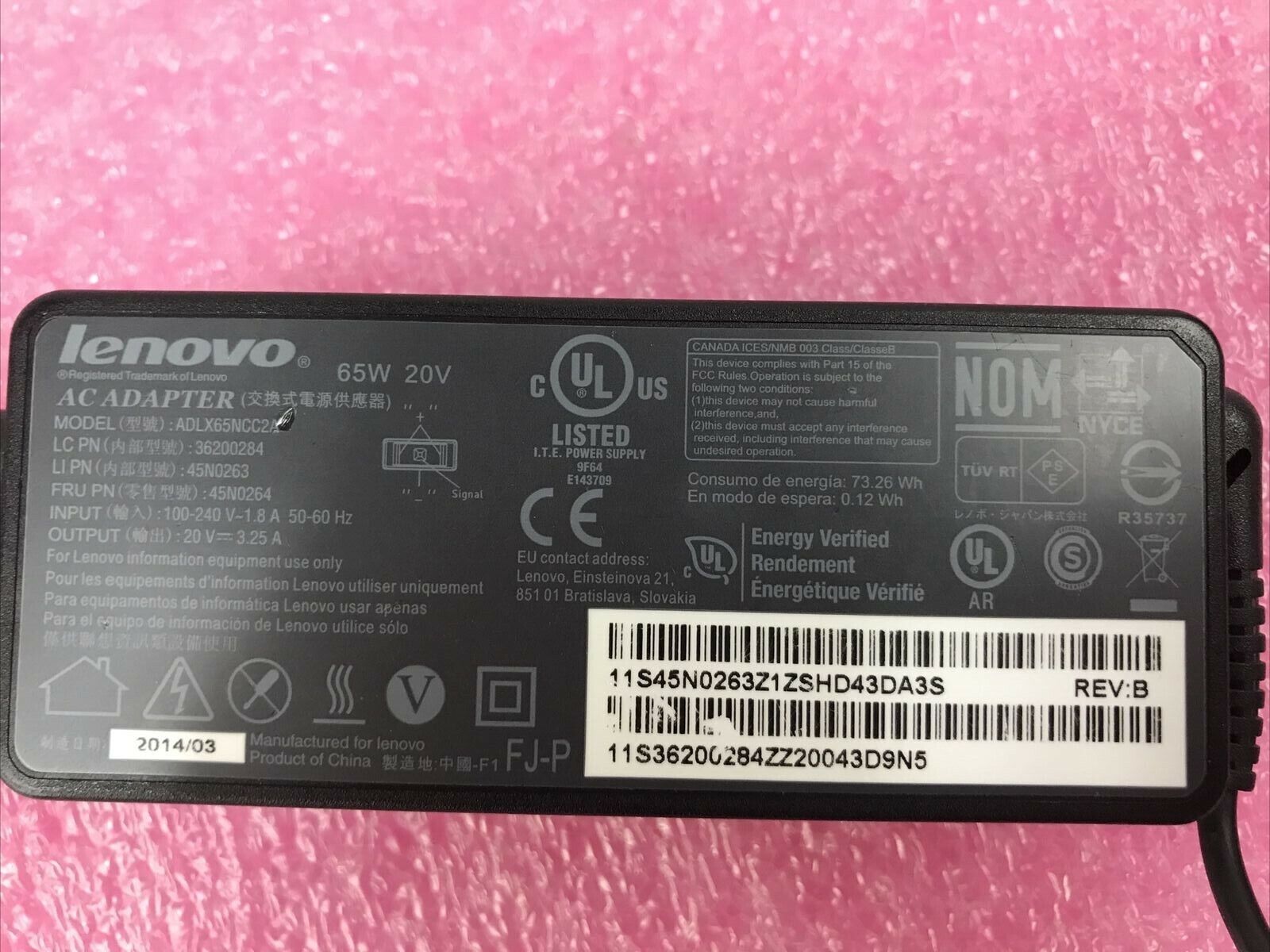 Genuine Lenovo AC Adapter Charger 65W 20V 3.25A ADLX65NCC2A 36200284