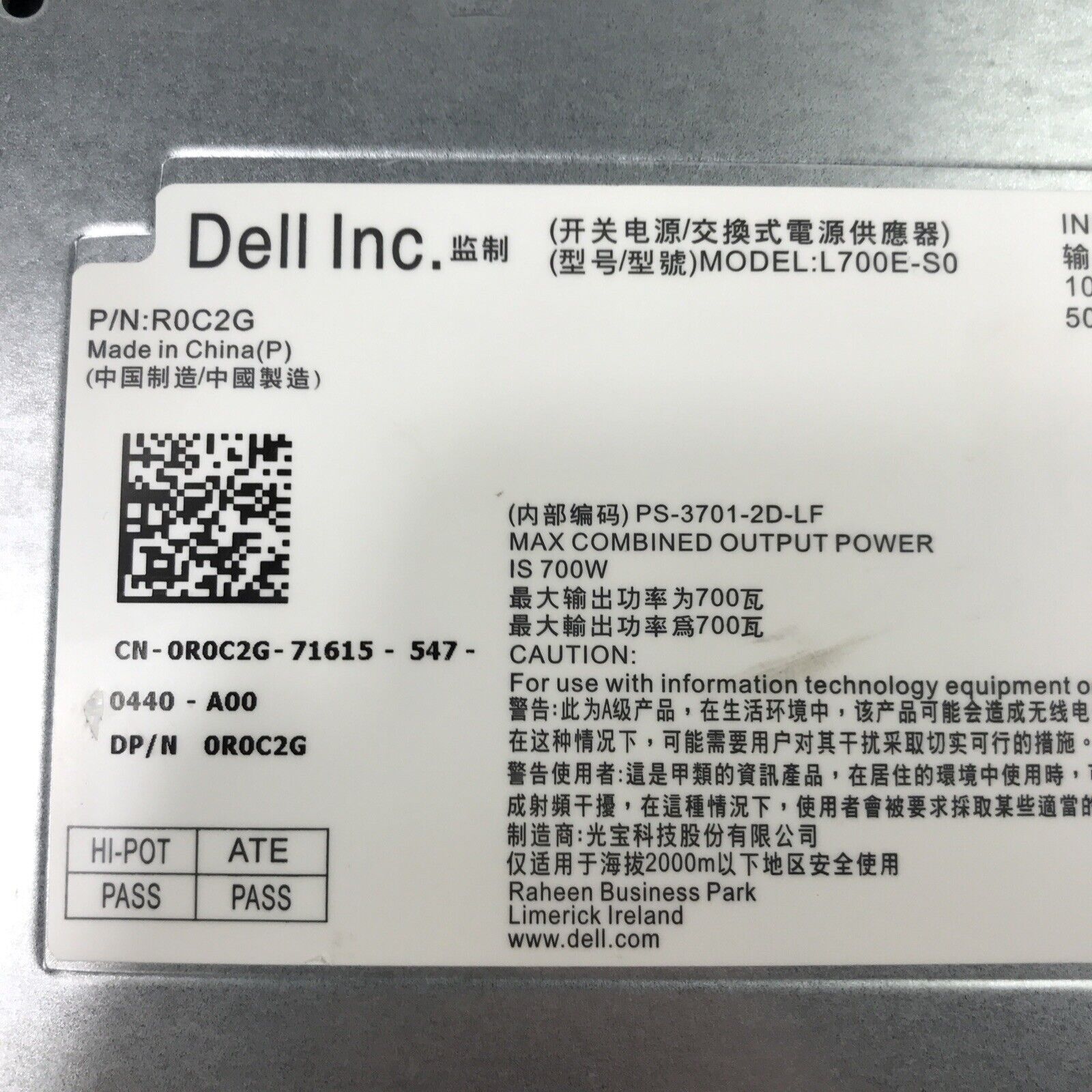 Dell R0C2G 240V 11A 60Hz 700W PS-3701-2D-LF Power Supply L700E-S0