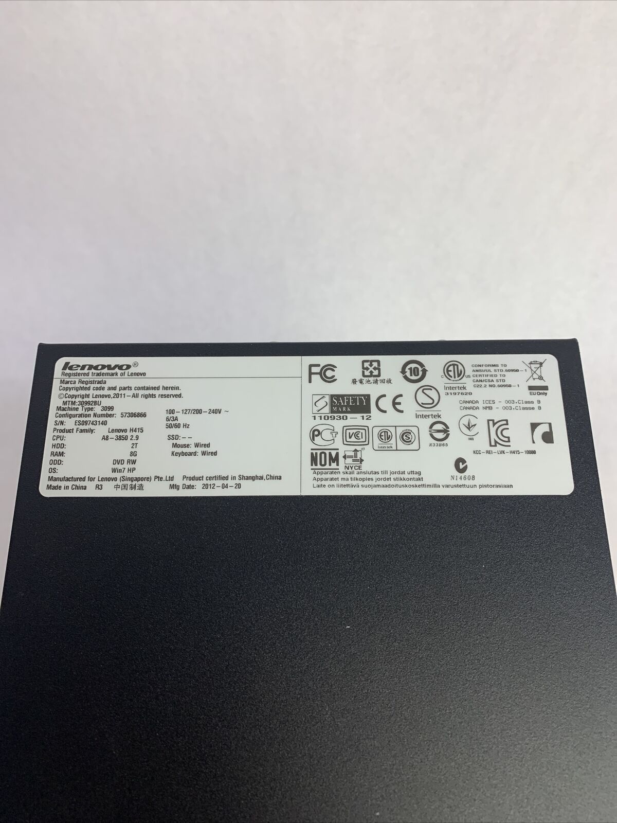 Lenovo 3099 MT AMD A8-3850 2.9GHz 4GB RAM No HDD No OS