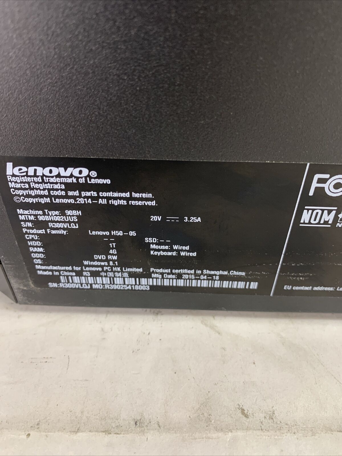 Lenovo H50-05 MT AMD E1-6010 1.35GHz 4GB RAM No HDD No OS