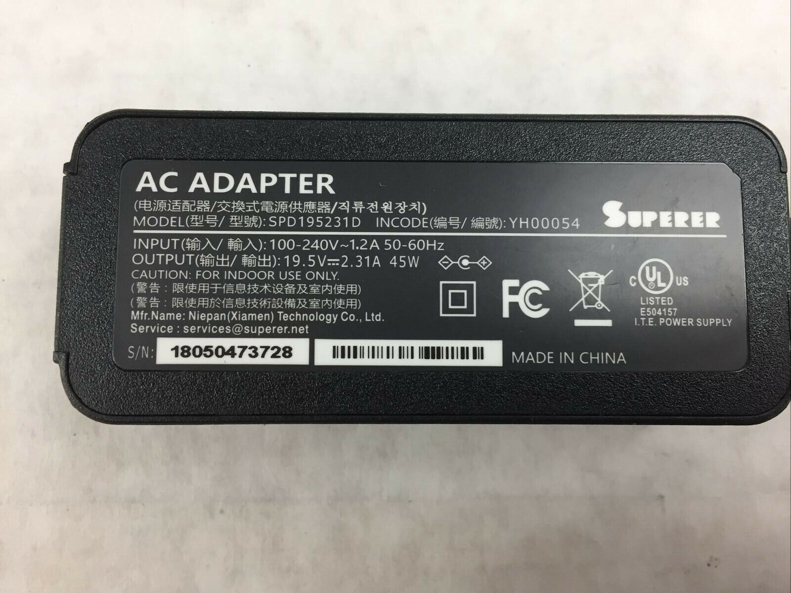 Superer AC Adapter SPD1925231D 100-240V 1.2A  19.5V